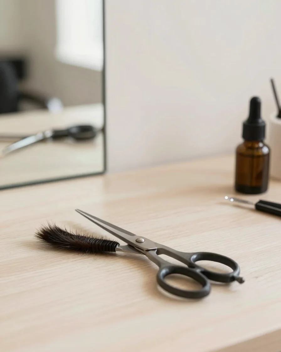 Soft natural editorial photograph of a salon consultation with a clean neutral workspace, scissors and hair tools arrang