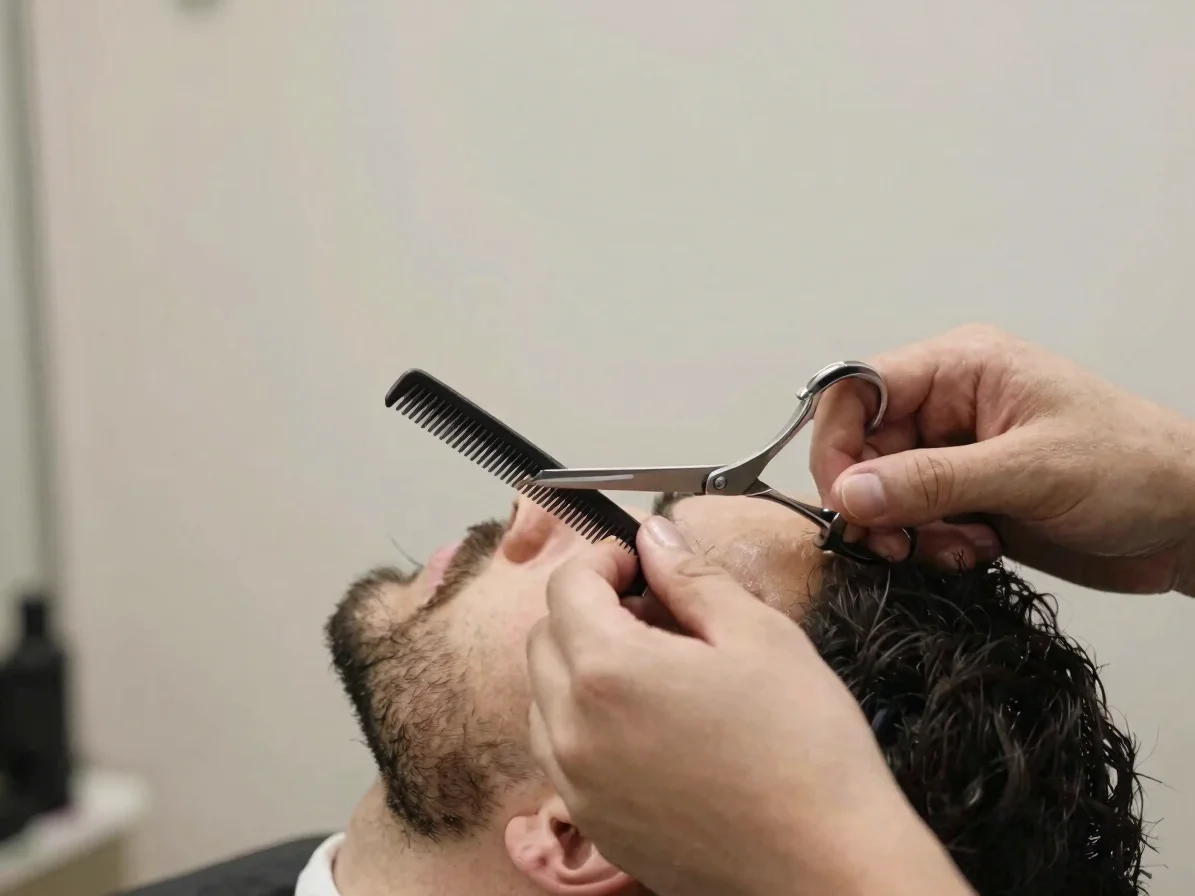 Natural editorial photograph of a barber's hands trimming a beard