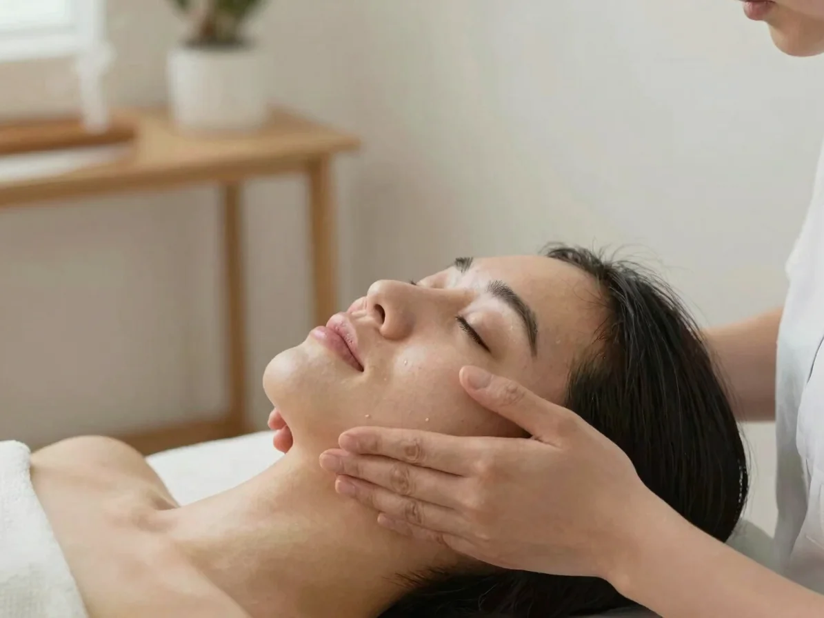 Natural editorial photograph of a therapist's hands gently massag