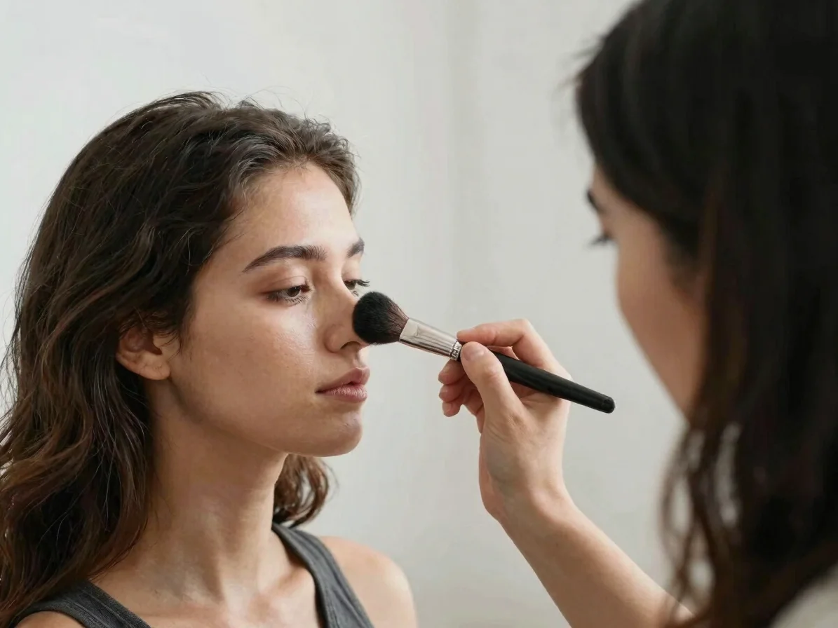 Natural editorial photograph of a makeup artist applying foundati