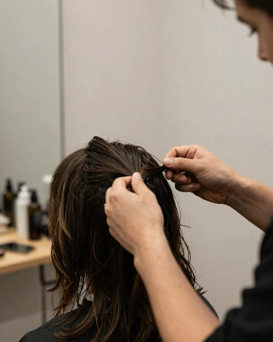 Natural editorial photograph of a stylist's hands working on a client's hair under soft diffused salon light, shallow de